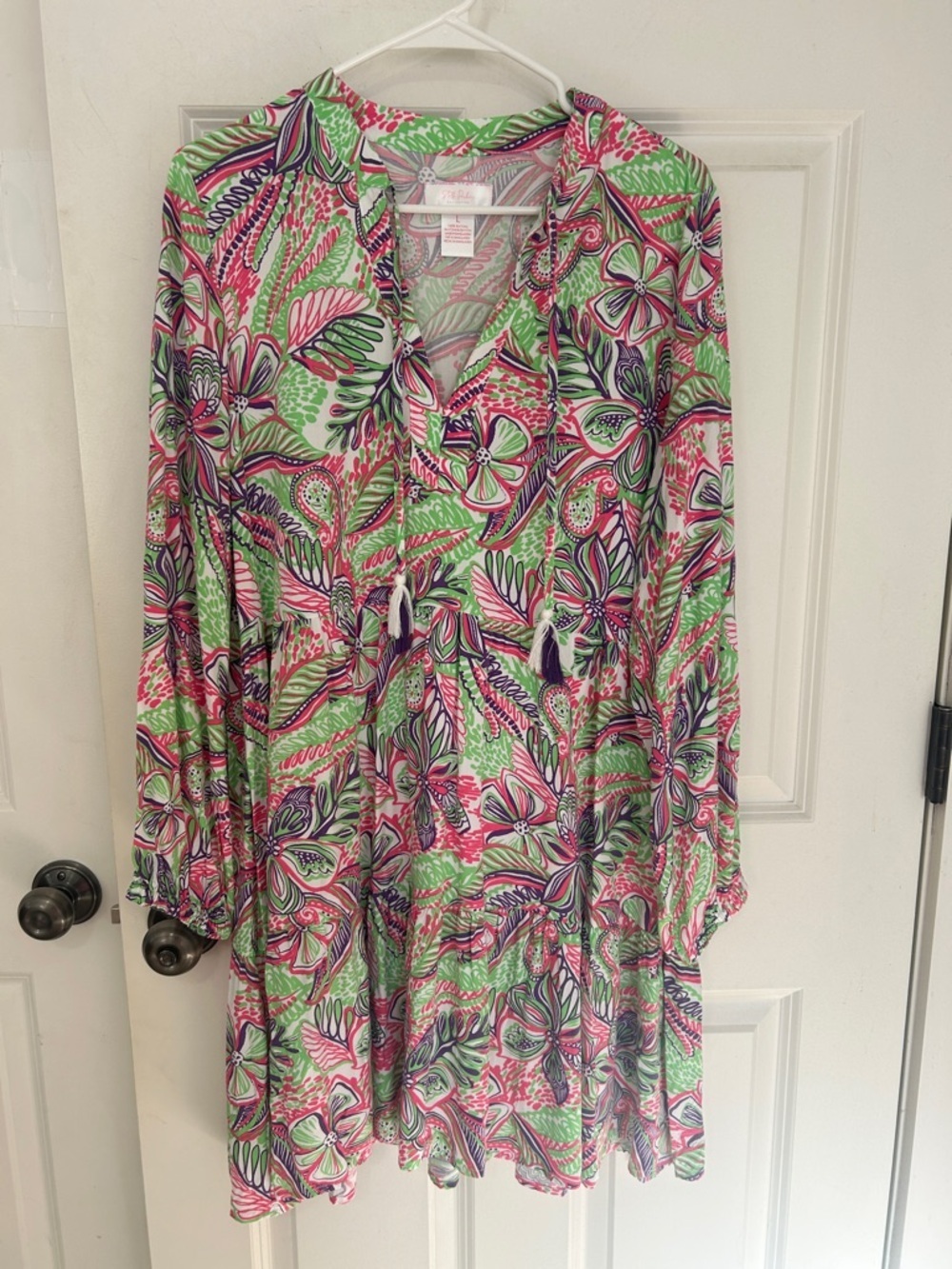 Stella Parker Long Sleeve Floral Midi Dress Size Large green pink dress preppy